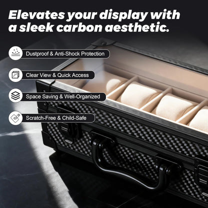 DOBEN Watch Box for Men, Carbon Fiber Hard Watch Case with Plush Interior, 5-Slot Storage Watch Organizer, Luxury Gift Box for Collectors