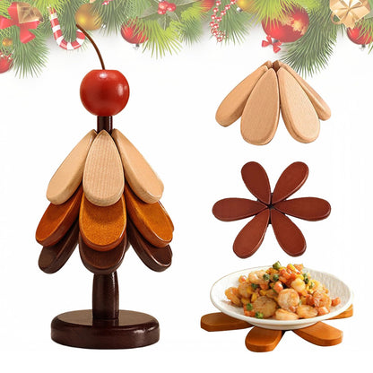 4 Pcs Wooden Trivets for Hot Dishes with Storage Stored, 7.8" Foldable Christmas Tree Shaped Trivets Set, Heat Resistant Hot Pads for Hot Pots Bowl Teapot, Kitchen Decor for Quartz Counter (Apple)