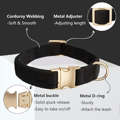 Soft Corduroy Dog Collar and Leash Set Adjustable Durable Dog Collars with Metal Buckle and Lead for Small Dogs,Black
