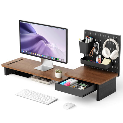 AFOOYO Monitor Stand Riser,Computer Monitor Stand with DIY Pegboard and drawer for Laptop,PC,Computer,Printer,Walnut Finish