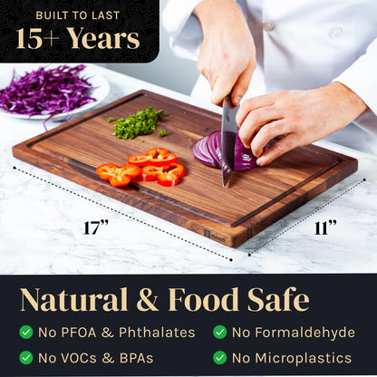 Walnut Wood Cutting Board for Kitchen, Reversible Wooden Cutting Board With Juice Grooves - Chopping Board, Charcuterie Serving Tray Made in USA (Walnut, 17x11x0.75)