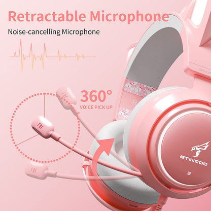 EASARS Pink Gaming Headset GS510, Wired, Over Ear, Cat Ear Design with RGB Lighting, 7.1 Surround Sound, Retractable Mic, Compatible with PC, PS4, PS5