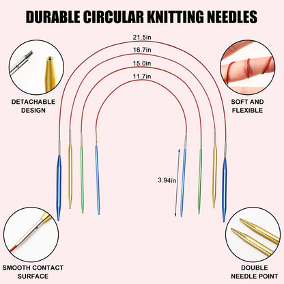 57 PCS Knitting & Crochet Kit, Aluminum Circular Knitting Needles Set 3.0mm–10.0mm with 4 Flexible Cables, Crochet Hooks & Accessories, Beginner Craft Starter Kit with Storage Case