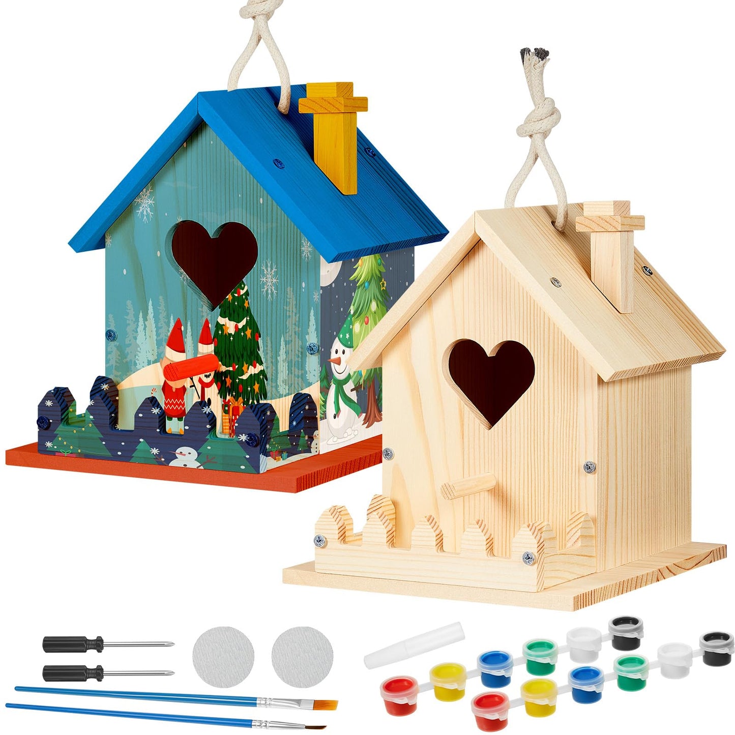 Juexica 2 Pack DIY Birdhouse Kits for Kids Ages 6+ Build and Paint Wooden Bird House Arts and Craft Project with Paint Strips Brushes for Boy Girl Adult Classroom Indoor Outdoor Crafts (Love Shaped)