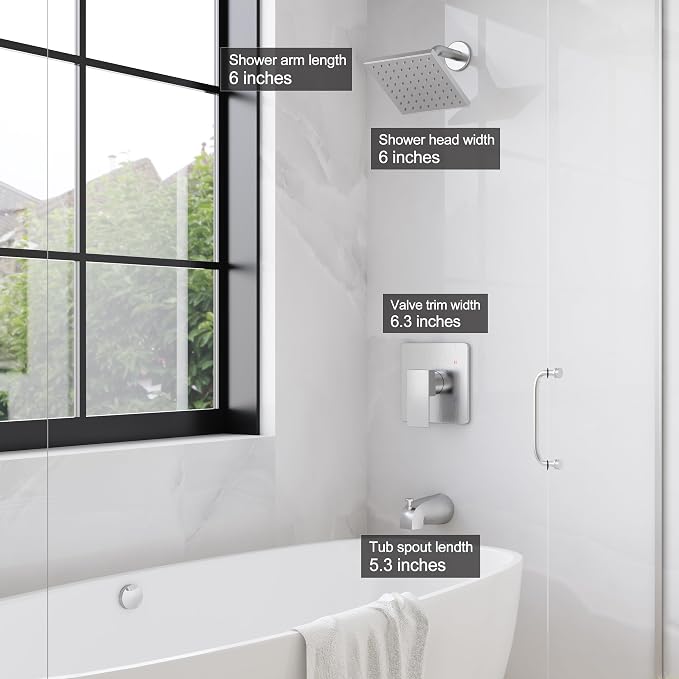 Esnbia Shower Tub Kit, Tub and Shower Faucet Set（Valve Included) with 6-Inch Rain Shower Head and Tub Spout, Single-Handle Tub and Shower Trim Kit,Brushed Nickel