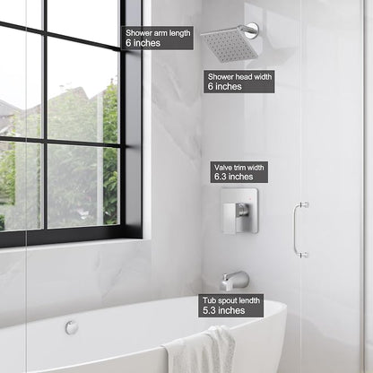 Esnbia Shower Tub Kit, Tub and Shower Faucet Set（Valve Included) with 6-Inch Rain Shower Head and Tub Spout, Single-Handle Tub and Shower Trim Kit,Brushed Nickel