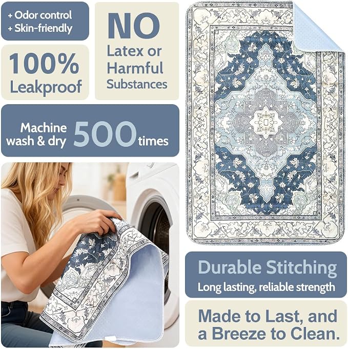 Washable Pee Pads for Dogs, 2 Pack Reusable Puppy Training Pads 48"x32" Super Absorbent Waterproof Dog Training Pads, Non-Slip Potty Pads, Whelping Pads Litter Mat Navy & Ecru