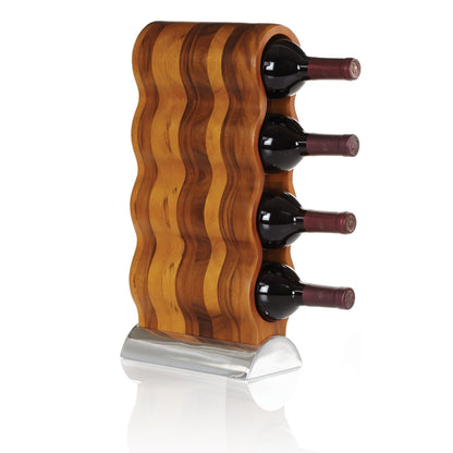 Nambé Curvo Wine Rack - 4-Bottle - Modern Sculptural Holder with Acacia Wood Frame & Nambé Alloy Base, Elegant Countertop Storage for Dining Room, Kitchen Bar & Home Décor