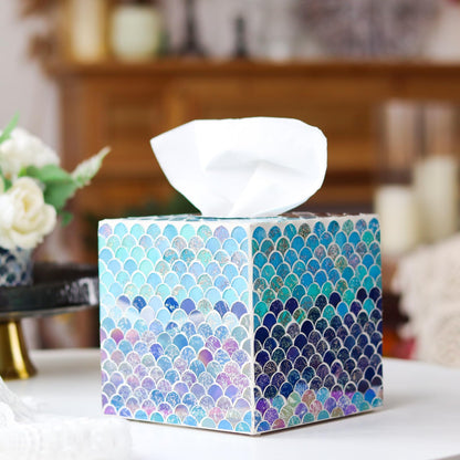WDHODEC Mermaid Glass Tissue Box Cover Square Decorative Tissue Box Holder Handmade Wooden Tissue Box Cube for Living Room, Dining Room, Cafe, Hotel, Office