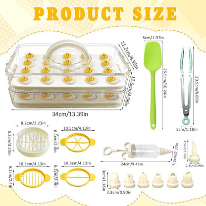 Deviled Egg Containers with Lid & Handle (2 Layer Snap-on) PET Thickened Eggs Holder Inc Egg Slicer Kitchen Tongs Silicone Spatula and Piping Decorating Kit,for Festival Party Brunch
