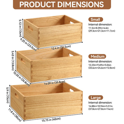 KIRIGEN Nesting Wood Crates with Handles, Set of 3 Decorative Storage Boxes, Farmhouse Shelf Bins for Pantry, Bathroom, Craft Room, Toys, Towels, Books, 15.75 x 11.8 x 5.9 in, Natural 3TH-NA