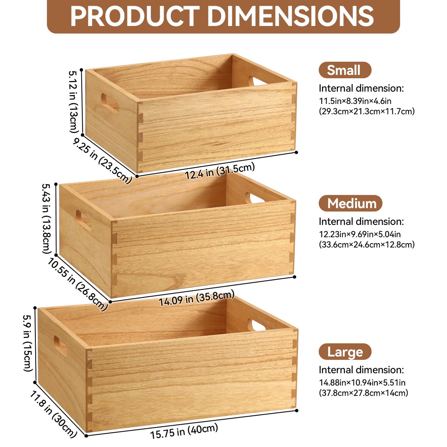 KIRIGEN Nesting Wood Crates with Handles, Set of 3 Decorative Storage Boxes, Farmhouse Shelf Bins for Pantry, Bathroom, Craft Room, Towels, Books, 15.75 x 11.8 x 5.9 in, Natural 3TH-NA
