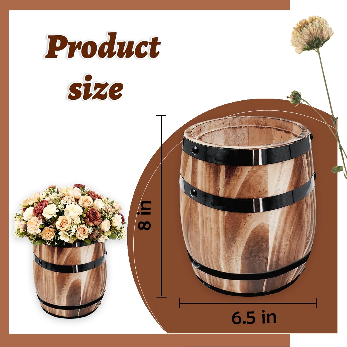 Sunmuliiiy1Pcs Wood Wine Barrel Vase 8" x 6.5" Rustic Wooden Flower Vase Rustic Barrel Barrel Planter for Wedding Reception Table Decoration Home Indoor Outdoor Garden, Kitchen, Party Table Decoration