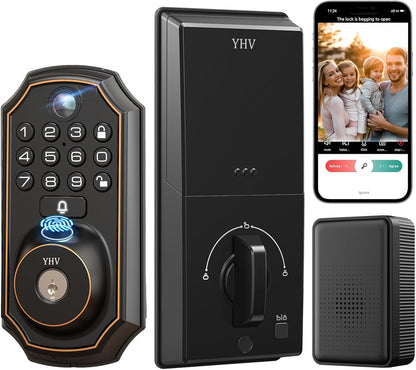 Keyless Entry Door Lock with Camera Fingerprint Smart Door Lock with App Remote Control, Wi-Fi Connected Electronic Keypad Code Deadbolt Auto Unlock for Front Door