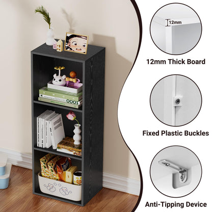 Nestwise 3 Tier Bookshelf, Narrow Bookcase for Small Spaces, Wooden Book Case Bookshelves Storage Organizer for Bedroom Living Room Home Office (Black, 3 Cube)