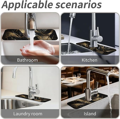 Kitchen Sink Splash Guard，Black and metallic gold marble Faucet Mat Sink