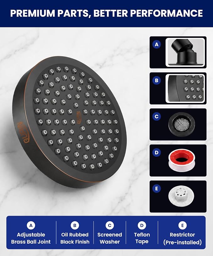 GURIN Shower Head - Powerful High Pressure Rain Shower Head 6 Inch - Luxury Rainfall Showerhead with Adjustable Angles, 90 Anti-Clog Nozzles, Tool-Free 1-Min Install, Premium Oil Rubbed Black Finish