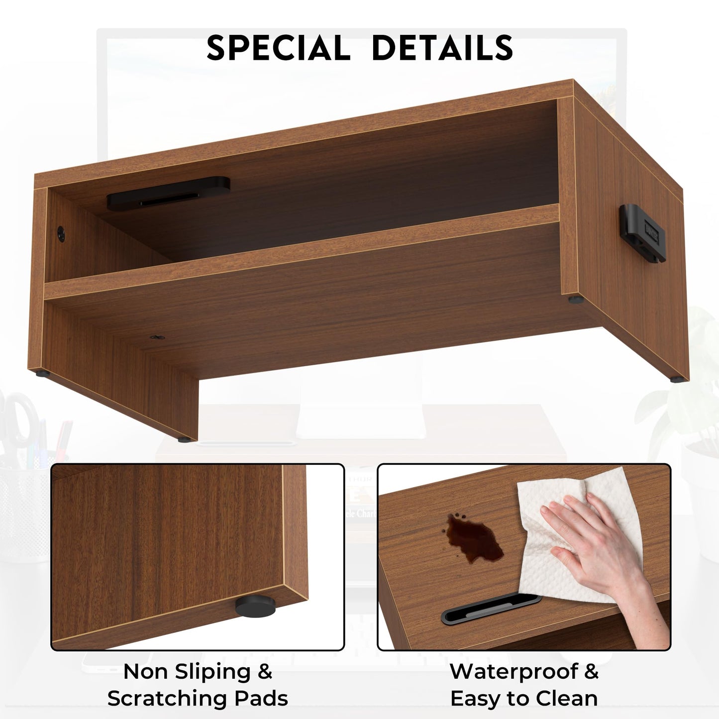 BONTEC Wooden Monitor Stand Riser, 2-Tier Desk Shelf with Storage Organizer, Ergonomic Computer Stand with Cable Management, Cellphone Holder, Walnut, 16.5 Inch