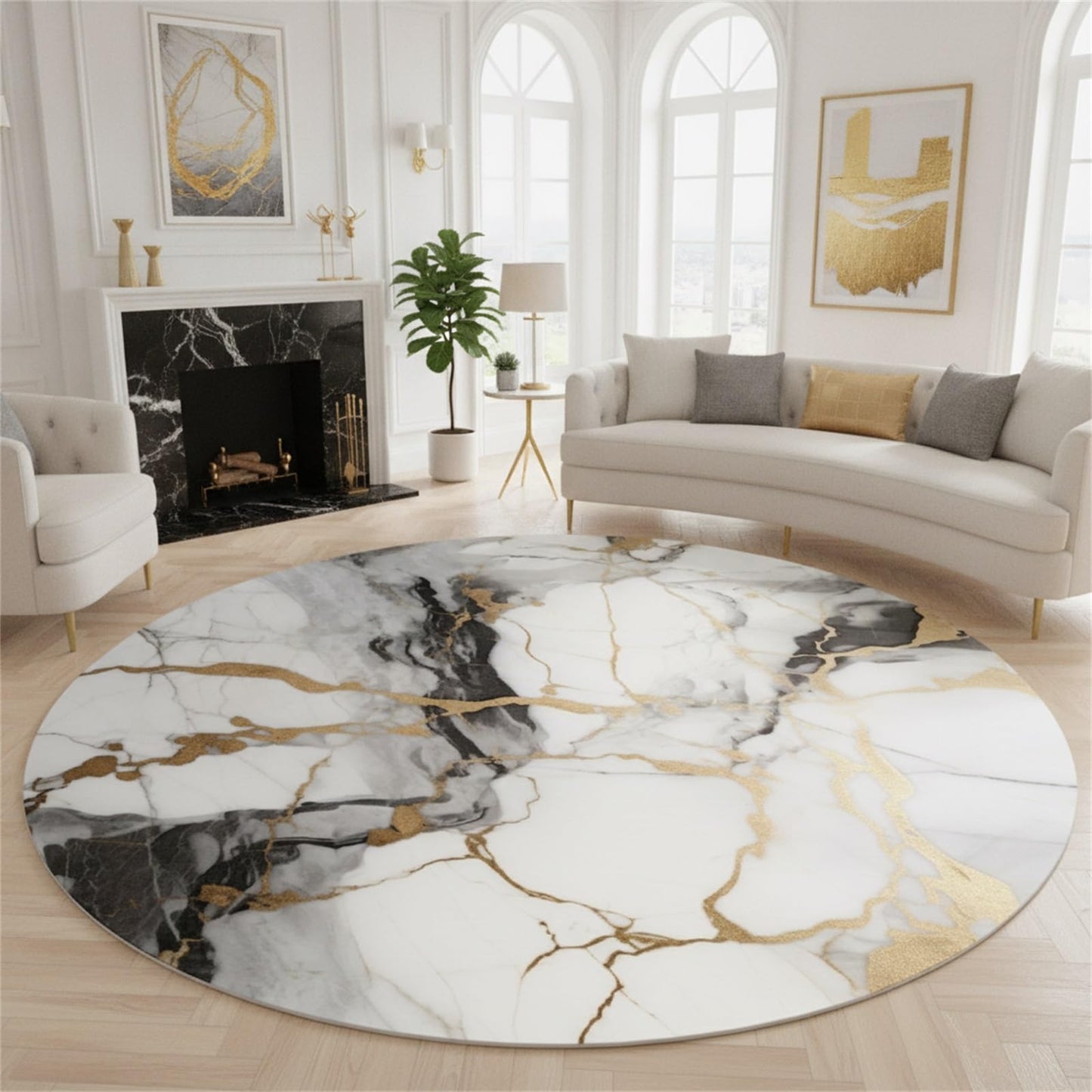 Unique Aesthetic Modern Abstract Black Grey Gold Marble Round Area Rug for Living Room Bedroom Guestroom Art Deco Luxury Circle Office Meetingroom Carpet Kitchen Nursery Playroom Floor Rug 6ft