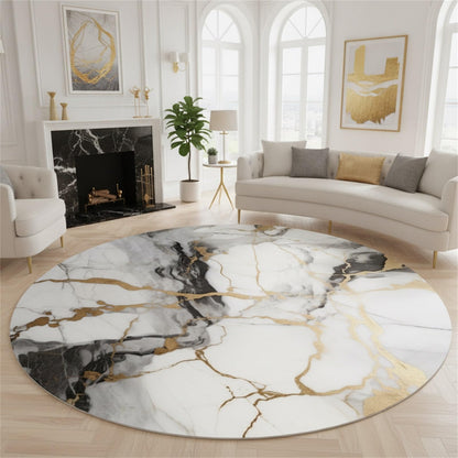 Unique Aesthetic Modern Abstract Black Grey Gold Marble Round Area Rug for Living Room Bedroom Guestroom Art Deco Luxury Circle Office Meetingroom Carpet Kitchen Nursery Playroom Floor Rug 6ft