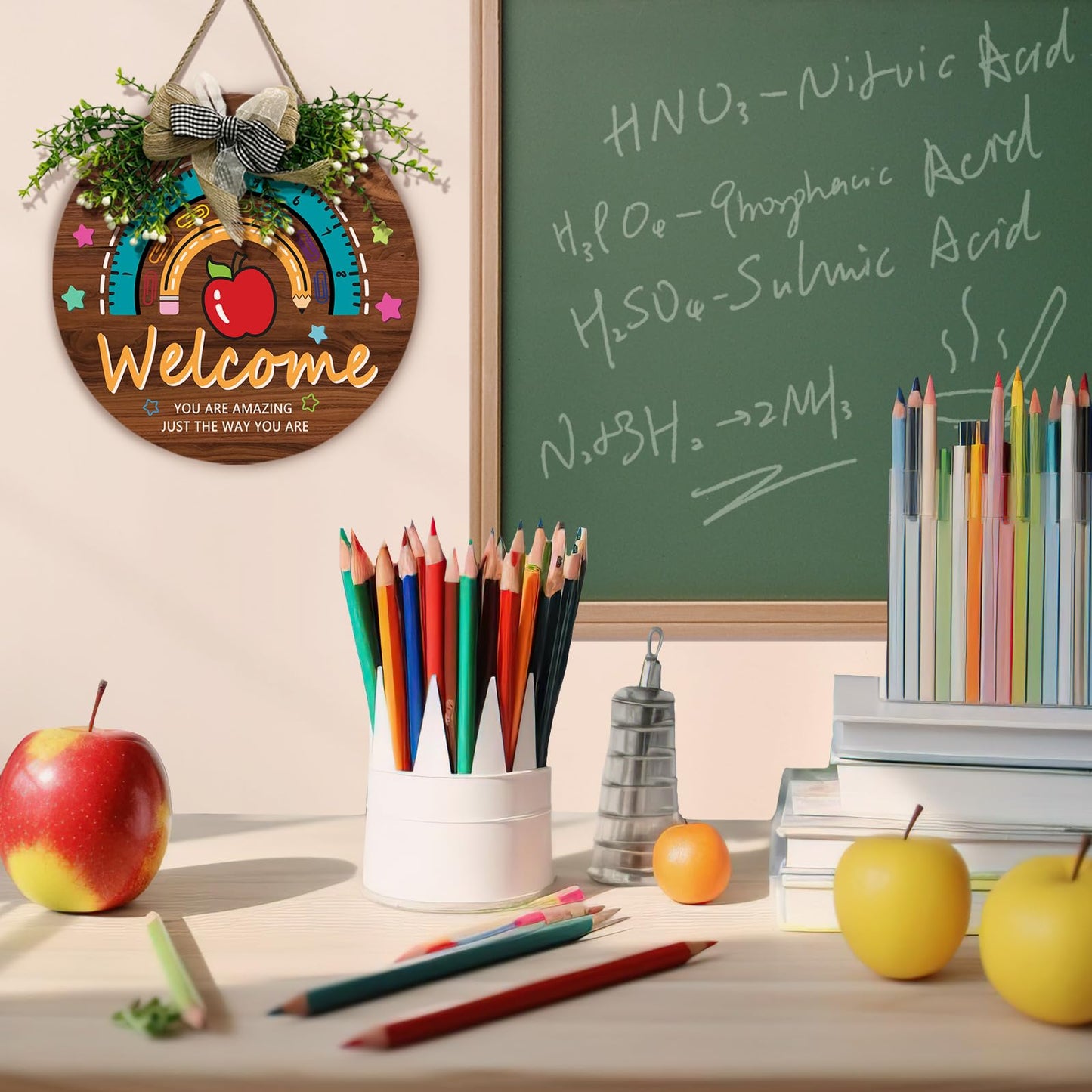 Dacawin Teacher Classroom Door Sign Wooden Welcome Door Sign for Classroom Apple Star Flower Teacher Wreath for Classroom Door Rainbow Hanging Plaque Kids Classroom 12 inch