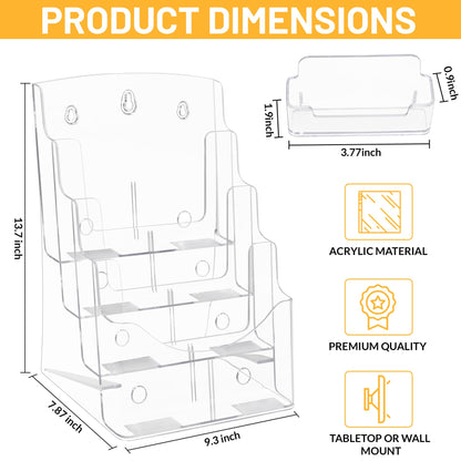 SafeWayss Acrylic Brochure Holder 8.5 x11”, 4 Tier Clear Literature Magazine Stand with Removable Divider for 4 x 9 Pamphlet Display Brochure with Business Card Holders- Wall Mount & Countertop