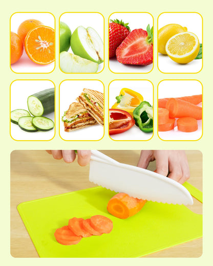 Kids Knife Set, 5 Pcs Montessori Kitchen Tools for Toddlers' Real Cooking, BPA Free Kids Safe Kitchen Cooking and Baking Set with Peeler, Cutting Board for Sandwich Bread Vegetable Fruit Present Gift