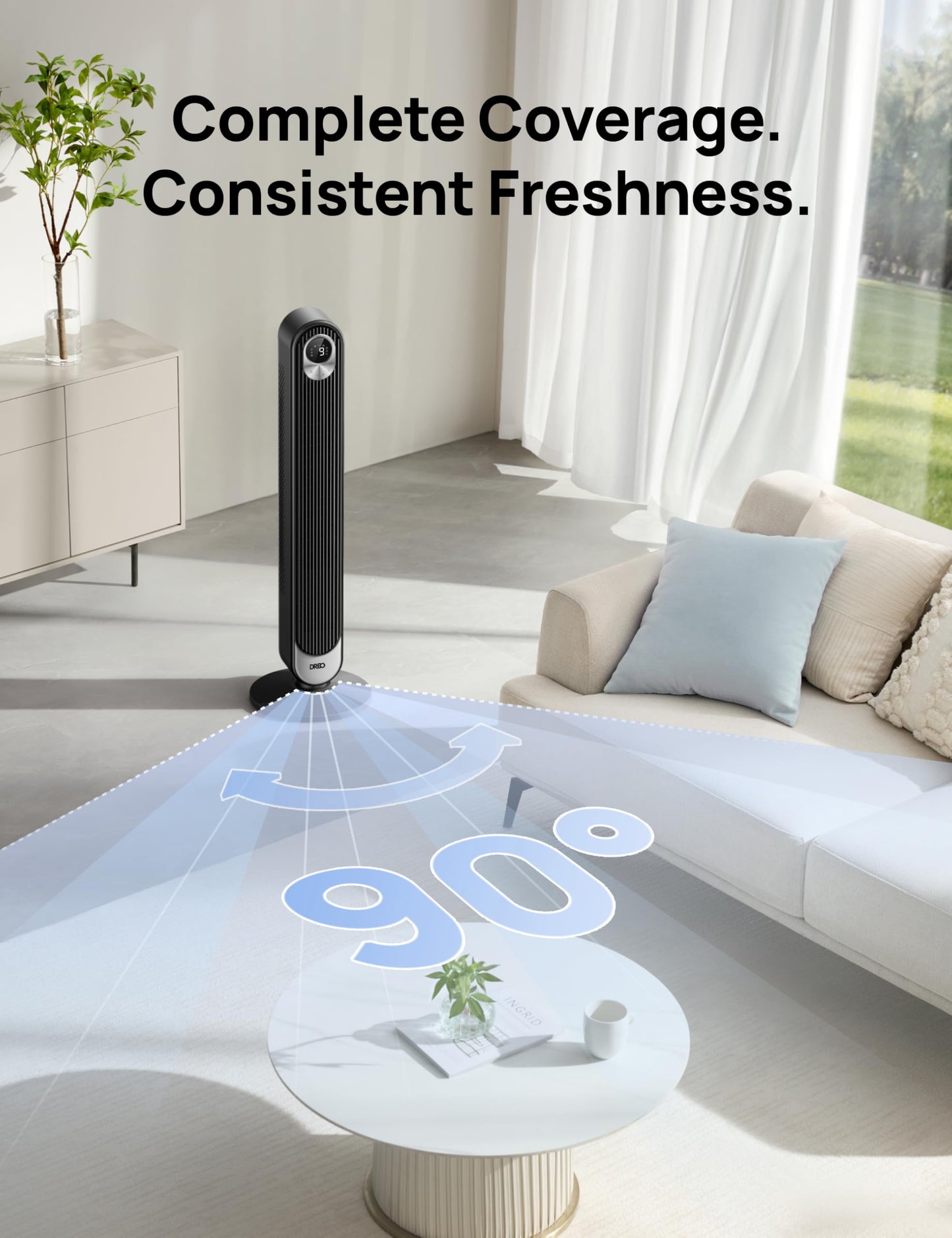 DREO Tower Fan for Bedroom, 28 ft/s, 20dB Quiet Oscillating Bladeless Fan with Remote, 9 Speeds, 4 Modes, 12H Timer, LED Display, Standing Floor Fan Powerful for Indoor Home Office Room, 42 Inch