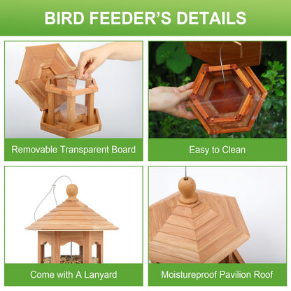 Liawm Wooden Bird Feeder for Outdoors Hanging, Red Cedar Hexagon Shaped Large Capacity, Cardinal Birdfeeder for Garden Decoration Yard, Weatherproof and Durable(Medium)
