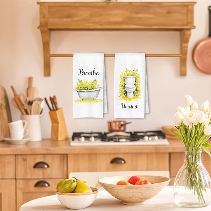 Farmhouse Yellow Botanical Bathroom Hand Towels, Relax Breathe Soak Unwind