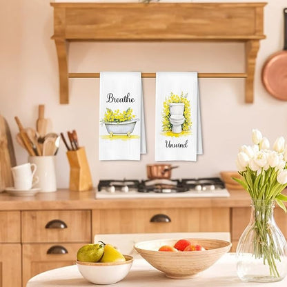Farmhouse Yellow Botanical Bathroom Hand Towels, Relax Breathe Soak Unwind