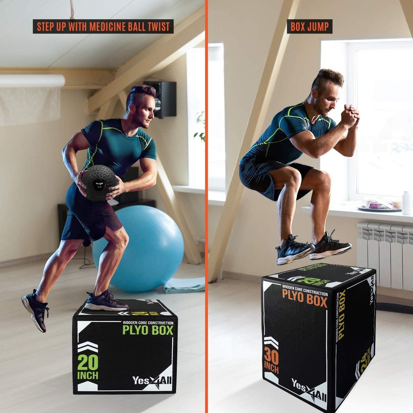 Yes4All 3-in-1 Soft-Padded Plyo Box With Wooden Core, Non-Slip Multi-Use Cushioned Plyometric Jump Box with Vinyl Cover for Jumping, Conditioning, Strength Training, 30" x 24" x 20"
