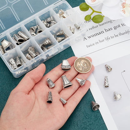 PH PandaHall 60pcs 10 Styles Cone Bead Caps, Tibetan Style Alloy Flower Bead Caps Spacers Tassel End Cap for Earring Necklaces Keychain Pendants Jewelry DIY Crafts Making, Antique Silver