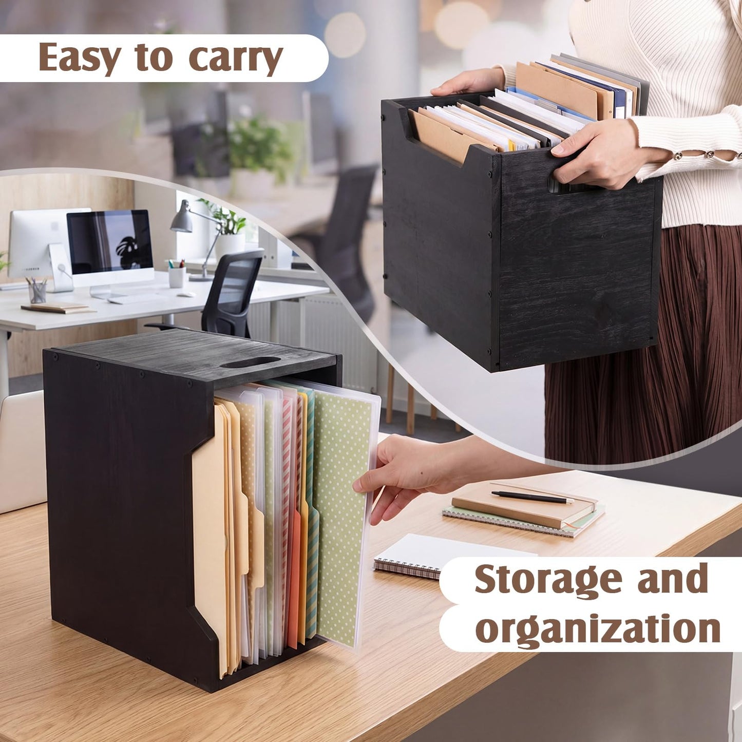 Gerrii 2 Pack Wood File Organizer Box, 12.6 x 8.5 x 10.2 Inch Black Desktop Document Storage Crate with Handle Slot, Assembling Magazine File Holder Bins for Countertop Home Office