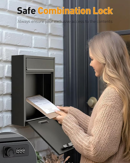 Uniclife Wall Mount Mailbox for Outside, Large Locking Mailbox with Combination Lock, Security Mail Box for House, Safe Key Drop Box, Post Box, Steel Cash Drop Box for Home Office School, Black