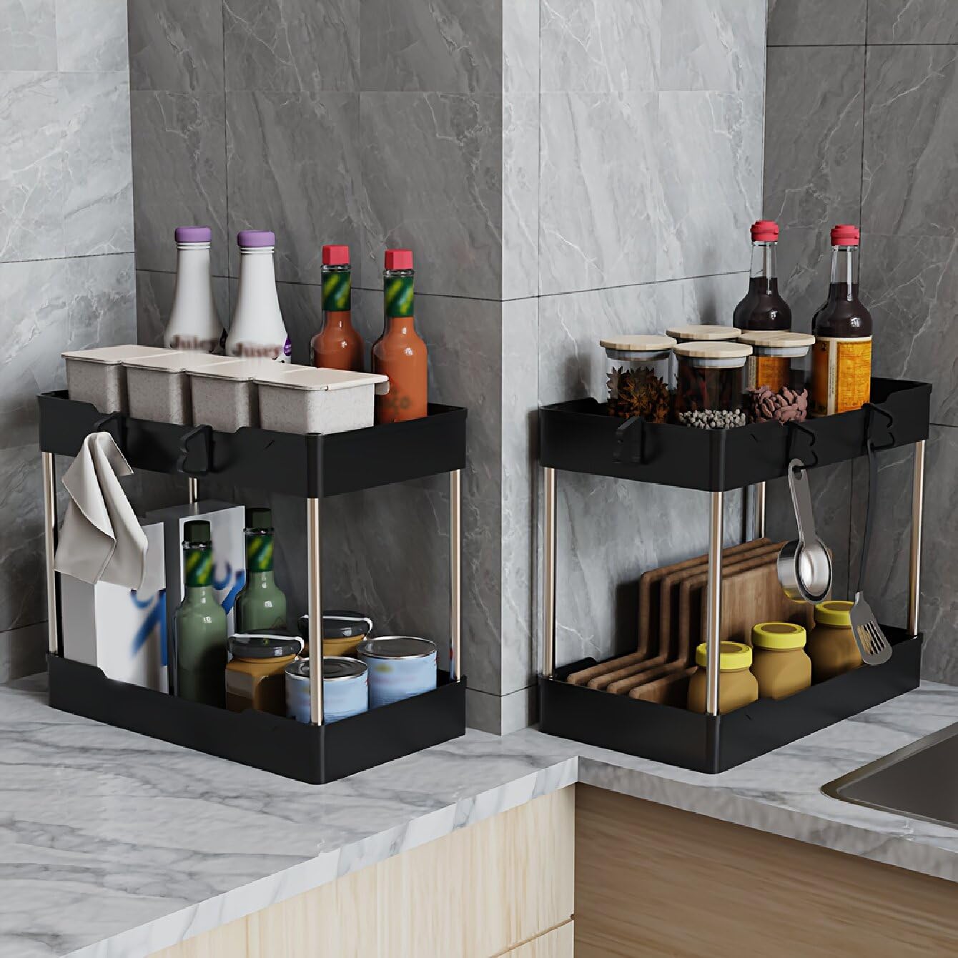 3 Pack Under Sink Organizers and Storage, 2 Tier Bathroom Cabinet Organizer Shelf with Hanging Cups for Kitchen & Bathroom (White)
