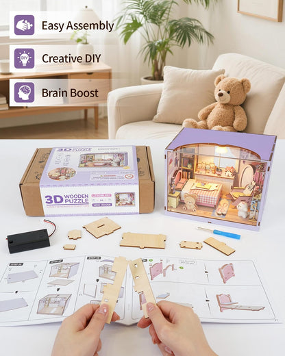 DIY Miniature House Kit-Bedroom, 3D Wooden Puzzles with LED Light Tiny House Mini House Building Kit for Adults, Wooden Adults Crafts Home Decor Gifts for Parents Friends