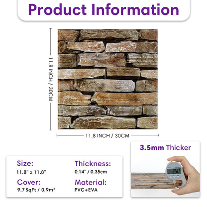 SMOOSTIKC 3D Faux Stone Wall Panels Peel and Stick, 10 Pcs 11.8" x 11.8", Stone-Look Textured Wall Sticker, Ultra-Light Thin PVC Fake Stone Wall Covering Tiles for Quick DIY, Brown with Green