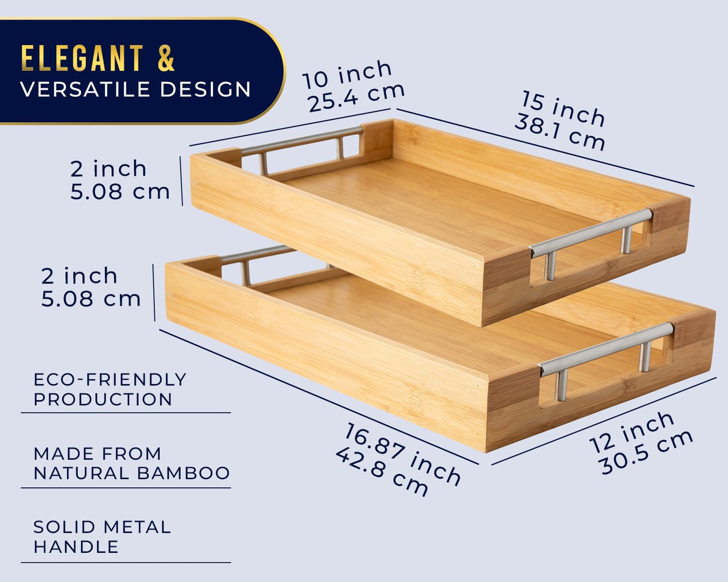 Comfify Decorative Bamboo Serving Trays with Silver Stainless Steel Handles – 2-Piece Set for Coffee Table, Ottoman, Breakfast in Bed, Jewelry & Decor Organization – 12"x17" – Pure Bamboo Finish