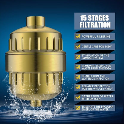 Shower Head and 15 Stage Shower Filter Combo, FEELSO High Pressure 5 Spray Filtered Showerhead with Water Softener Filters for Hard Water Remove Chlorine and Harmful Substances (Golden)