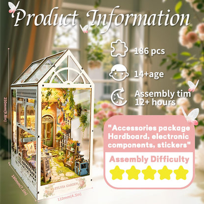 STRUCWOOD LED Garden Book Nook Kit DIY Miniature Dollhouse 3D Puzzle Wooden Bookshelf Room Decoration- Booknook Kits for Adults- Sylvia Garden (SQ-22)