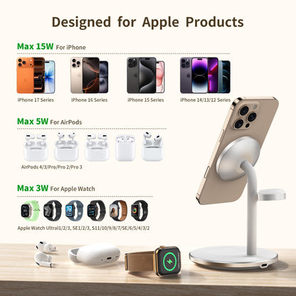 XooFly 3 in 1 Wireless Charging Station for Apple Devices, Fast Wireless Mag-Safe Charger Stand with 20W Adapter for iPhone 17 16 15 14 13 12 Pro Max/Air/Plus/Pro,iWatch,AirPods-Gift for Wife&Husband