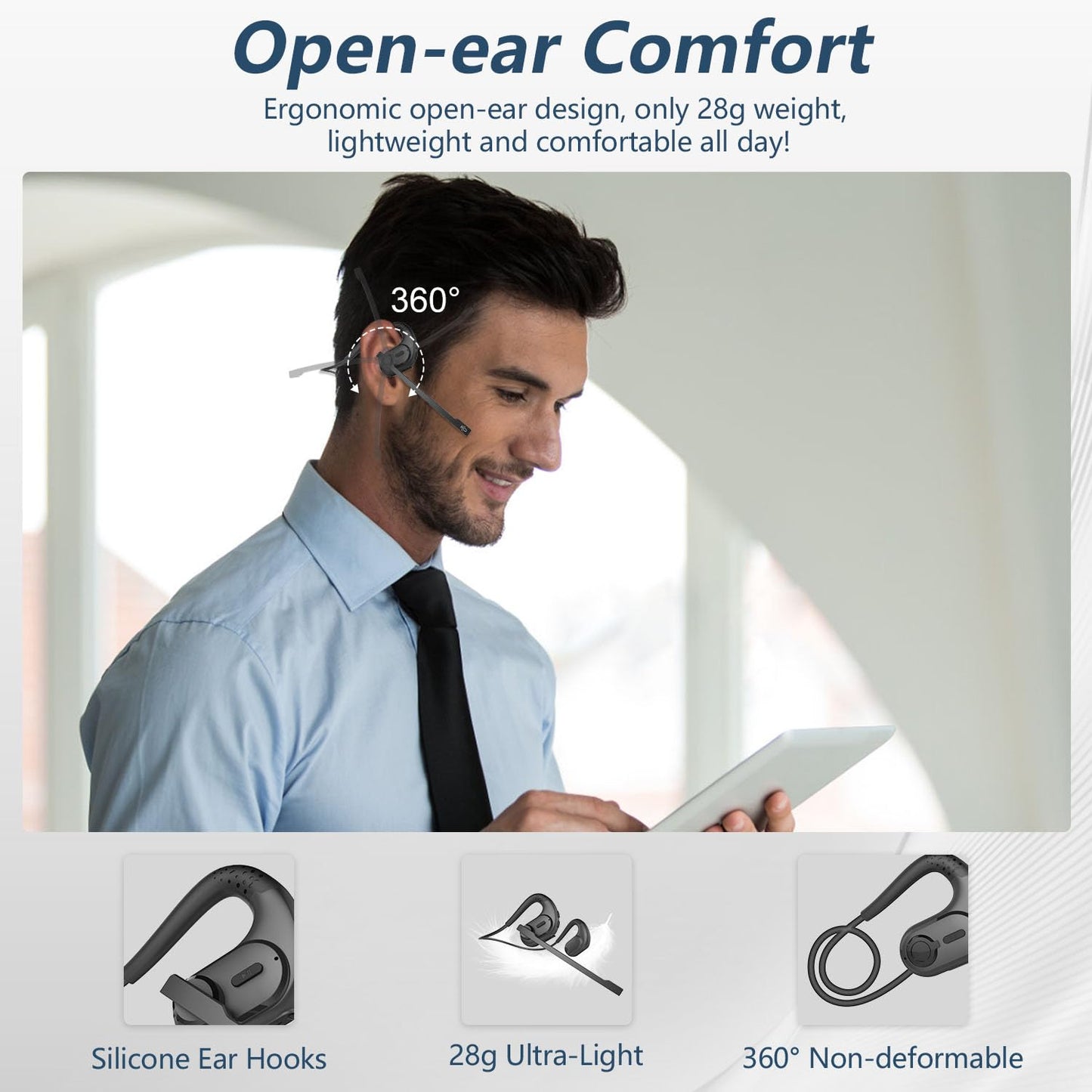 BANIGIPA Bluetooth Headset with Removable Microphone, Noise Cancelling Wireless Headset for Phones Laptop Computer PC, Open Ear Headphones for Office Meeting Running Cycling Driving Working-12 Hrs
