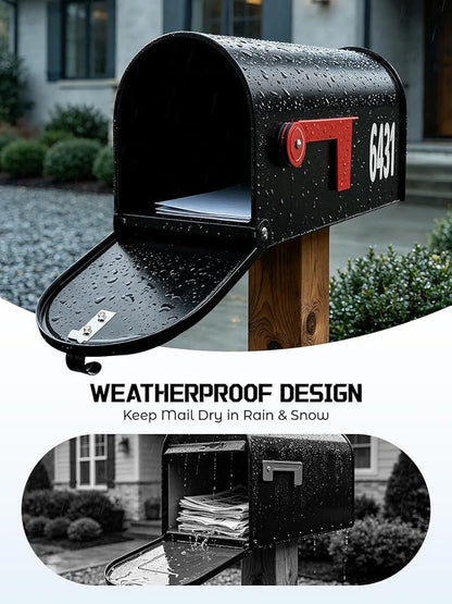 AZUNO Mailboxes for Outside, Black Metal Post Mount Mailbox with Red Flag & Address Numbers, Medium Capacity Mailbox for House,Galvanized Steel,19 * 8.9 * 7.1 inches
