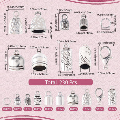 SUNNYCLUE 1 Box 230pcs Tassel Cord End Caps Kumihimo Cord Ends Antique Silver Tibetan Crimp Glue in Barrel Leather Thread End Terminator Tips with Lobster Clasp for Jewelry Making Kits Bracelets DIY