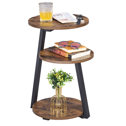 BEWISHOME Round Side Table, 3-Tier End Table, Nightstand with Metal Frame, Vintage Accent Table for Small Spaces with Storage Shelf, Living Room, Bedroom, Brown, 15.35"L x 13.78"W x 23.62"H, KTZ41Z