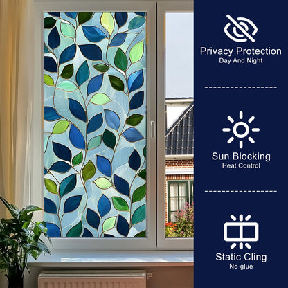 HOMETITUTE Green Leaf Window Privacy Film Blue Stained Glass Privacy Stained Glass Window Film Decorative Living Room Sun Blocking Decor Removable Static Cling Sticker 17.71x39.97inch