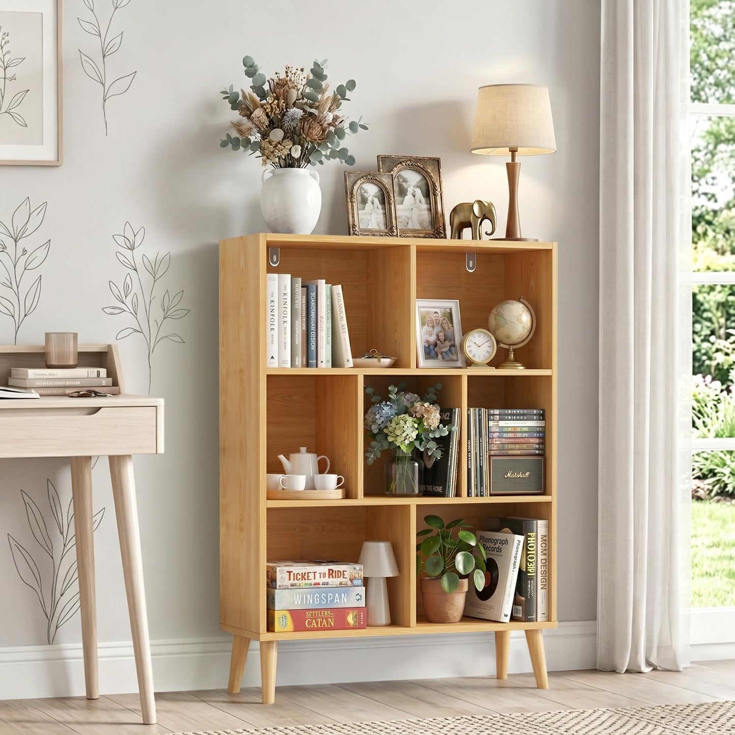 SageNest 7 Cube Bookshelf, 3 Tier Mid-Century Modern Bookcase with Wooden Legs, Heavy Duty Cubby Storage Organizer Display Shelf for Living Room, Bedroom & Office, Deep Natural