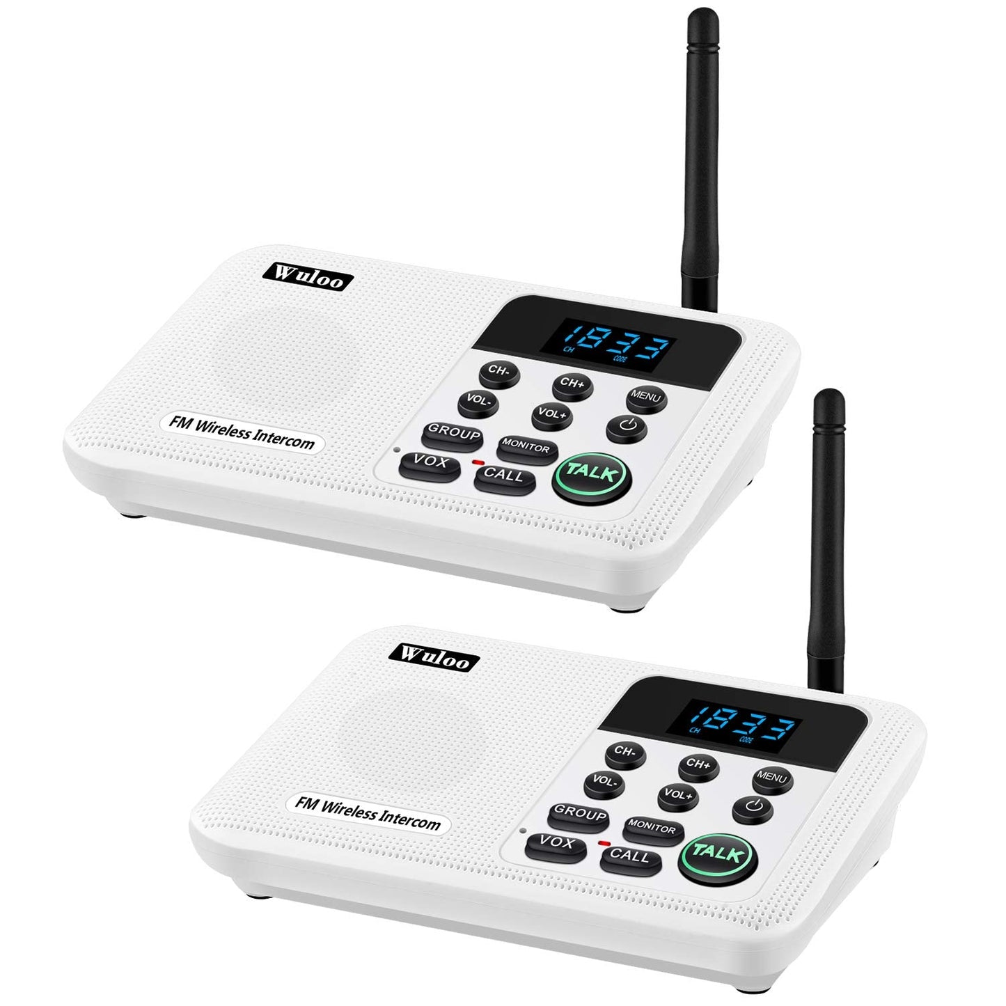 Wuloo Intercoms Wireless for Home 1 Mile Range 22 Channel 100 Digital Code Display Screen, Wireless Intercom System for Home House Business Office, Room to Room Intercom Communication(2Station, White)