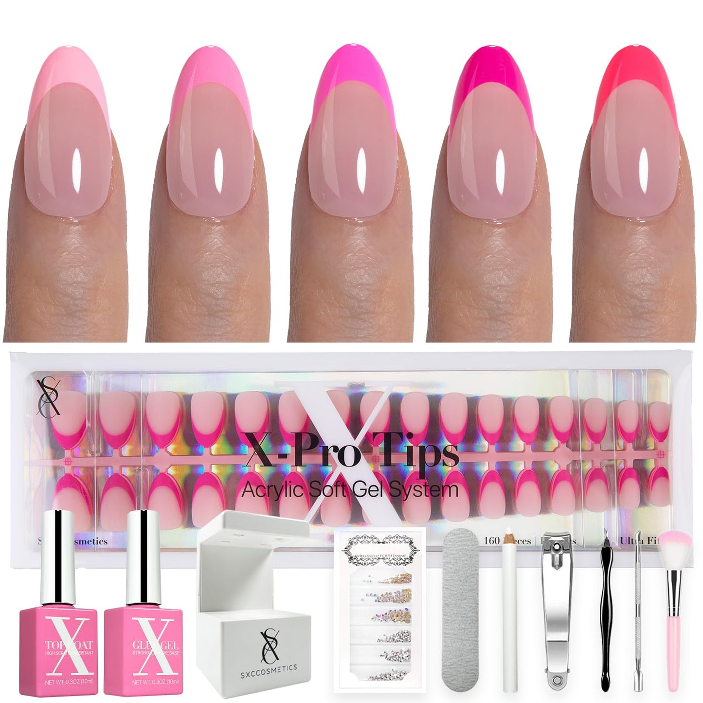 SXC Cosmetics French Tip Press On Nails - Skin Tone Nude and Color Series, Short Coffin X-Pro Tips Starter Kit ST119KIT